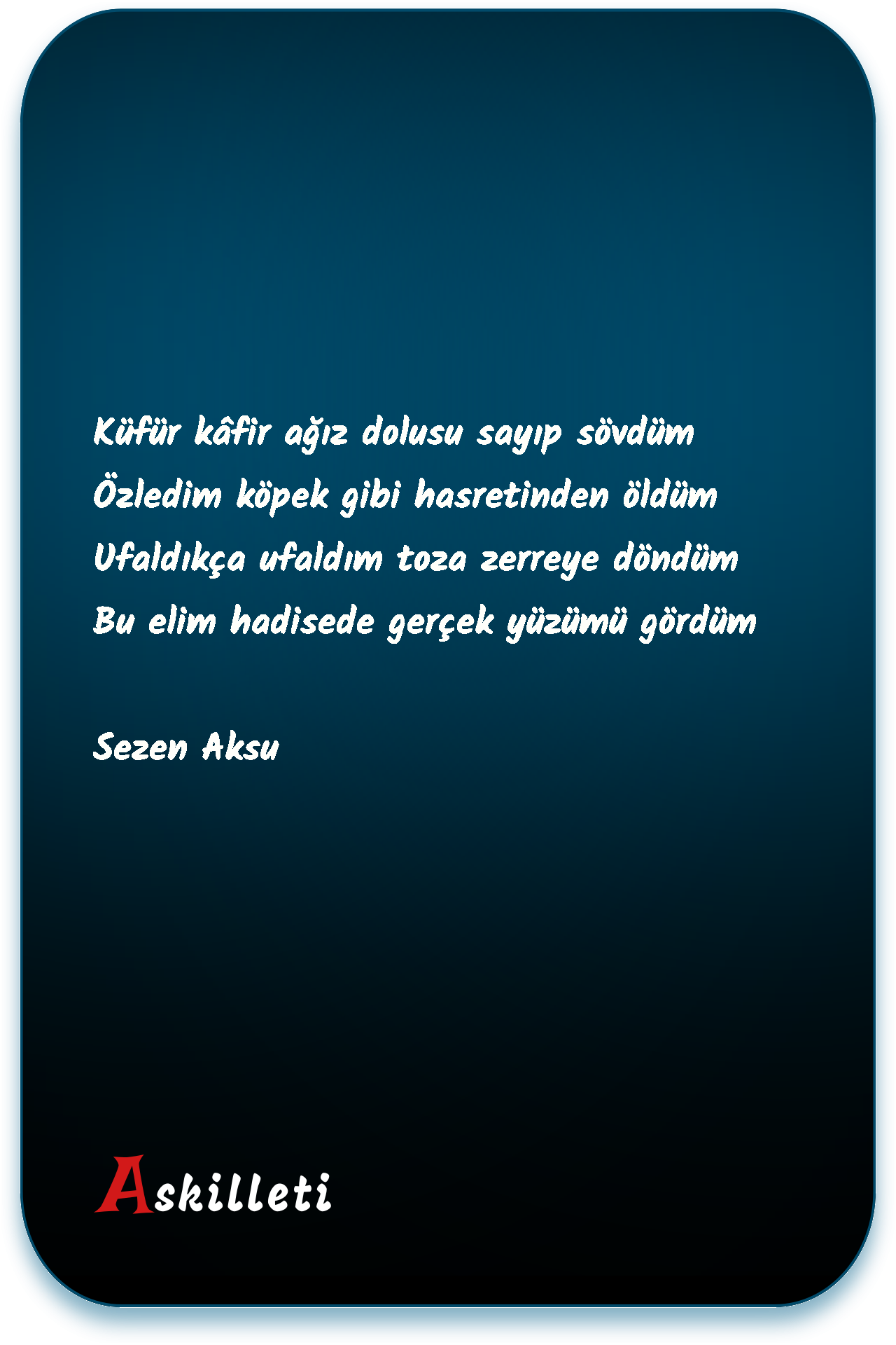 Ufaldıkça ufaldım toza zerreye döndüm Bu elim hadisede gerçek yüzümü gördüm | Sezen Aksu Ufaldıkça ufaldım toza zerreye döndüm Bu elim hadisede gerçek yüzümü gördüm | Sezen Aksu